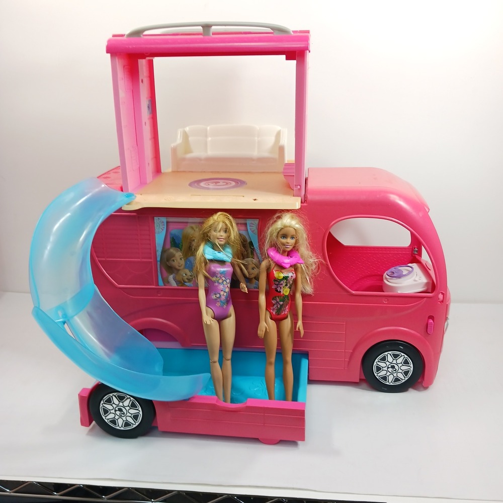 Barbie Pop-Up Camper Pink RV Playset with 2 Dolls Pool Slide and Kitchen CJT42
